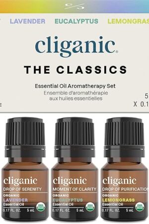 Cliganic Organic Essential Oils Set (Top 5 - The Classics) - 100% Pure Natural - Aromatherapy, Candle Making - Peppermint, Lavender, Eucalyptus, Lemongrass & Orange (Packaging May Vary)
