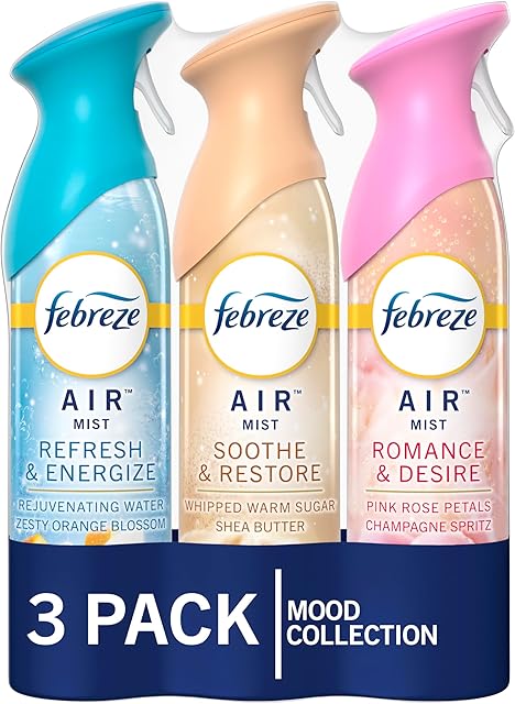Febreze Air Mist Air Freshener Spray, Odor-Fighting Room Spray for Home and Bathroom and Kitchen, Aerosol Can, Refresh & Energize, Soothe & Restore, Romance & Desire Scent, 88oz, 3 Count