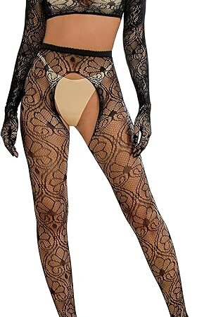 Women Sexy Lingerie Set Fishnet Crop Top Bra with Tights 2 Pieces Pajamas Set Gloves Detail