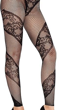 Womens Tights with Designs Footless Lace and Fishnet Patterned Tights for Women, Black, One Size