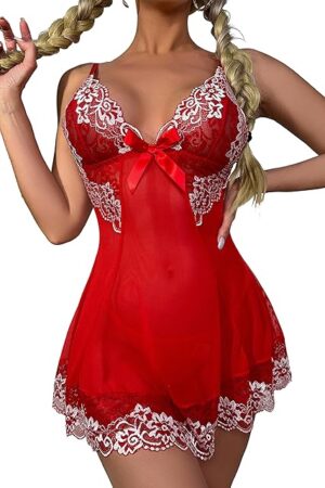 Babydoll Lingerie for Women Sexy Lace V Neck Nightwear with G-String