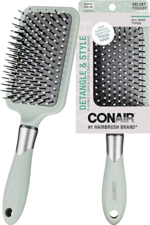 Conair Velvet Touch Paddle Cushion hair brush - Detangling hairbrush - curly or straight styles - men or women - detangler - features soft touch handle - Sage Green
