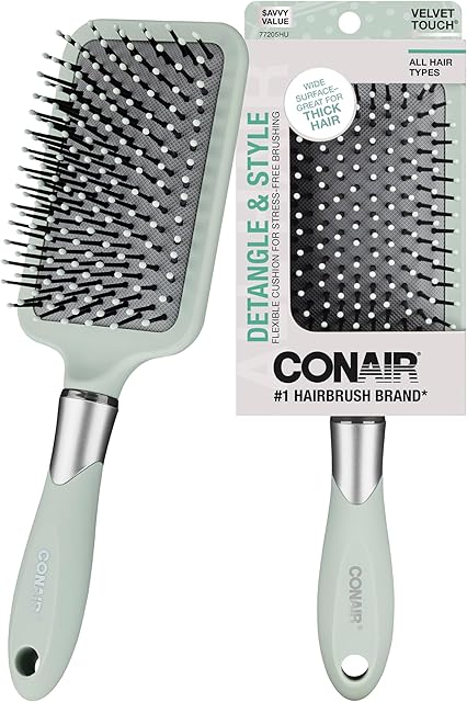 Conair Velvet Touch Paddle Cushion hair brush - Detangling hairbrush - curly or straight styles - men or women - detangler - features soft touch handle - Sage Green