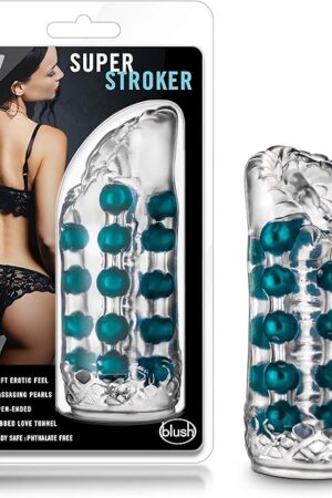 Blush Novelties M for Men Super Stroker - Soft Clear Masturbator - 4 Rows of Massaging Pleasure Beads - Open Ended for Easy Cleaning and Warms to The Touch - Solo or Couples Play - Sex Toy for Men