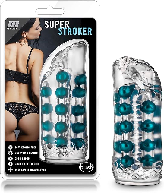 Blush Novelties M for Men Super Stroker - Soft Clear Masturbator - 4 Rows of Massaging Pleasure Beads - Open Ended for Easy Cleaning and Warms to The Touch - Solo or Couples Play - Sex Toy for Men