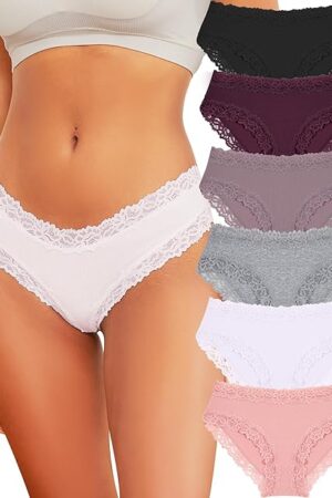 Womens Underwear Cotton Bikini Underwear for Women Lace Wasit Hipster Panties Soft Breathable Briefs 6 Pack