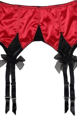 Women's Red Satin Sexy Wide Straps Big Bow Metal Clips Garter Belts for Stockings S511R