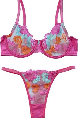 Women Lace Lingerie Set, Underwire, Floral Embroidered Underwear, Sheer Bra and Panty Set