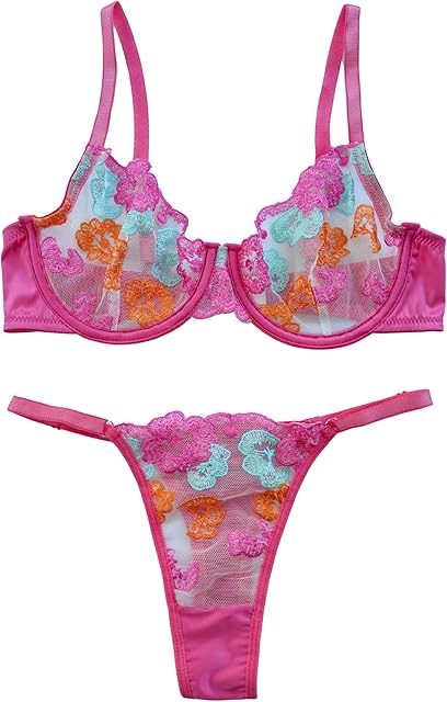 Women Lace Lingerie Set, Underwire, Floral Embroidered Underwear, Sheer Bra and Panty Set