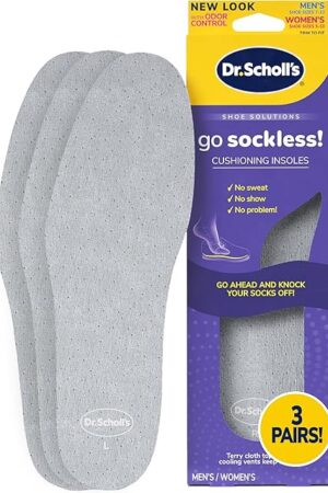 Dr Scholl?s Go Sockless! Cushioning Insoles for Women Men Unisex, 3 Pairs, Trim to Fit - Absorbs Moisture to Keep Feet Dry, Shoe Inserts for Women Men with Plush Terry Cloth Layer for Added Comfort
