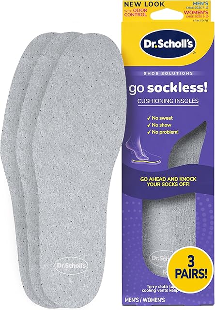Dr Scholl?s Go Sockless! Cushioning Insoles for Women Men Unisex, 3 Pairs, Trim to Fit - Absorbs Moisture to Keep Feet Dry, Shoe Inserts for Women Men with Plush Terry Cloth Layer for Added Comfort