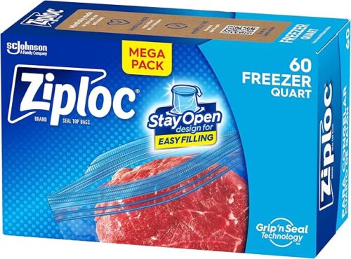 Ziploc Quart Freezer Storage Bags, Stay Open Design, Easy to Fill, 60 count