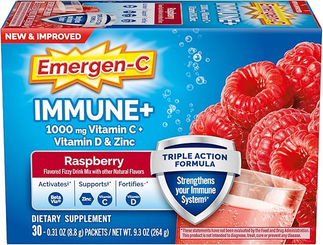 Emergen-C Immune+ Triple Action Immune Support Powder, BetaVia (R), 1000mg Vitamin C, B Vitamins, Vitamin D and Antioxidants, Raspberry ? 30 Count