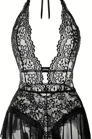 Women's Lace Bodysuit Sexy Halter V Neck One-Piece Teddy Lingerie
