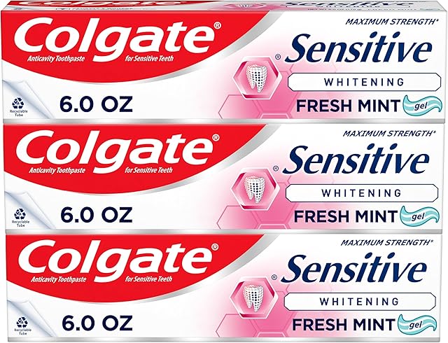 Colgate Whitening Toothpaste for Sensitive Teeth, Enamel Repair and Cavity Protection, Fresh Mint Gel, 6 Oz (Pack of 3)