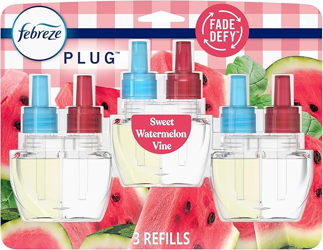Febreze Plug In Air Freshener, Odor-Fighting Scented Oil Refill, Air Fresheners for Home and Bathroom and Kitchen, Long Lasting for Strong Odors, Sweet Watermelon Vine Scent, 087oz Refill, 3 Count