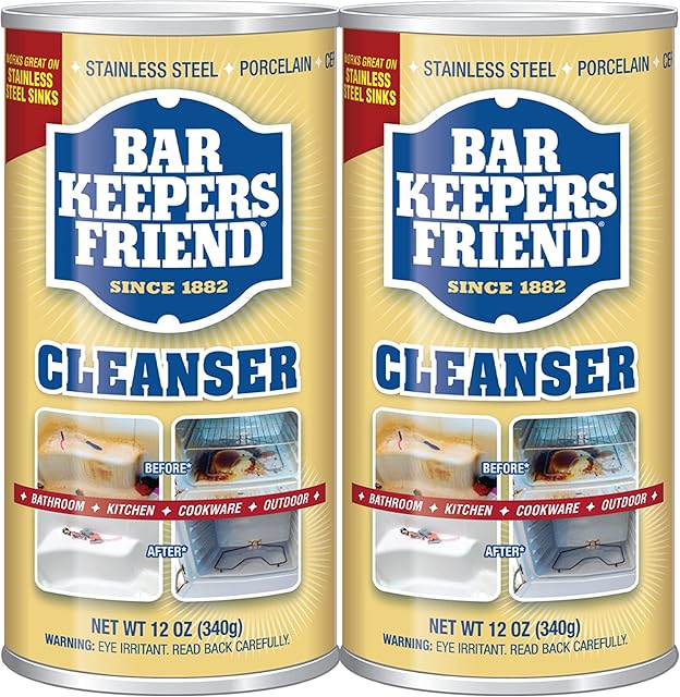 Bar Keepers Friend Powder Cleanser (2 x 12 oz) Multipurpose Cleaner, Stain & Rust Remover for Bathroom, Kitchen & Outdoor Use on Stainless Steel, Aluminum, Brass, Tile, Ceramic, Porcelain & More