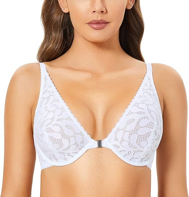 Women's Front Closure Lace Bra Unlined Racerback Underwire Plunge Bralette