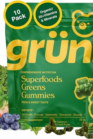 Gruns Adults Super Greens Gummies, Multivitamin Superfood Gummy Bears, Spirulina, Chlorella, Prebiotics & Fiber Gummies for Digestive Health, Adaptogens Supplement, 20 Vitamins & Minerals, 10 Count