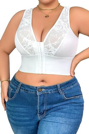 Women's Plus Size Wireless Bra Sexy Floral Lace Comfort V Neck Push Up Stretch Supportive T Shirt Heavy Breast