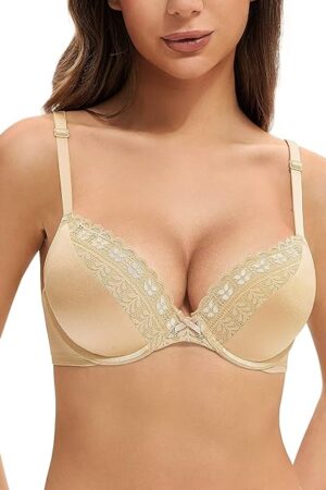 Women's Lace Beauty Back Push Up Bra Padded Plunge Underwire for T-Shirts Comfortable Lift Add One Cup