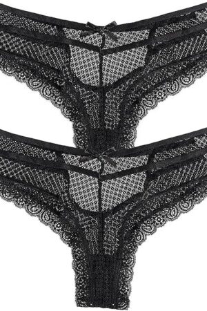 Lace Mesh Tanga Panty for Women Plus Size Bikini Panty T Back Thong Low Waist Underwear Lace Panties 2-Pack