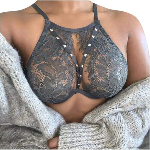 WUAI Sexy Lingerie for Women Eyelash Lace Lingerie Bra Hollow Out Bandage Halter Neck Backless Bras Buster Crop Top