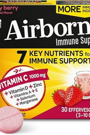 Airborne 1000mg Vitamin C with Vitamin D & Zinc, Sugar Free Multivitamin Immune Support Supplement, Antioxidants Vitamins A C & Vitamin E, 30 Effervescent Tablets, Very Berry Flavor