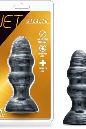 Blush Jet Stealth 6.5" Pro Butt Plug w/Suction Cup Base, Large Ribbed Anal Plug, Advanced Anal Extra Sensation Play, Body-Safe PVC, Adult Sex Toy for Women, Men, & Couples - (Carbon Metallic Black)