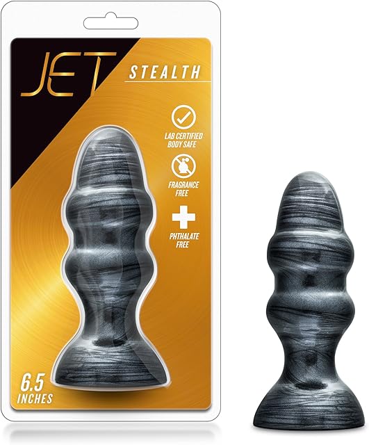 Blush Jet Stealth 6.5" Pro Butt Plug w/Suction Cup Base, Large Ribbed Anal Plug, Advanced Anal Extra Sensation Play, Body-Safe PVC, Adult Sex Toy for Women, Men, & Couples - (Carbon Metallic Black)
