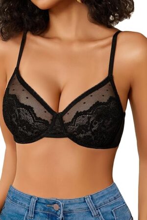 Lace Bras for Women Sheer Balconette Underwire Unlined Everyday Bras Lingerie S-XXL