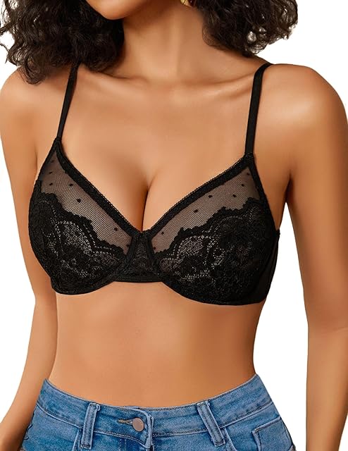 Lace Bras for Women Sheer Balconette Underwire Unlined Everyday Bras Lingerie S-XXL