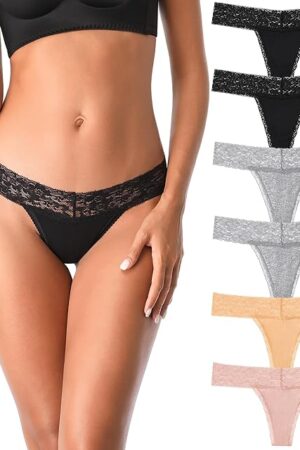 Cotton Thongs for Women, T Back Breathable Comfort See Through Panties, Seamless Lace Pack