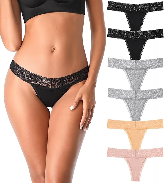 Cotton Thongs for Women, T Back Breathable Comfort See Through Panties, Seamless Lace Pack