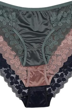 Women's 3 Piece Satin Panties Floral Lace Mid Rise Sheer Breathable Briefs Underwear