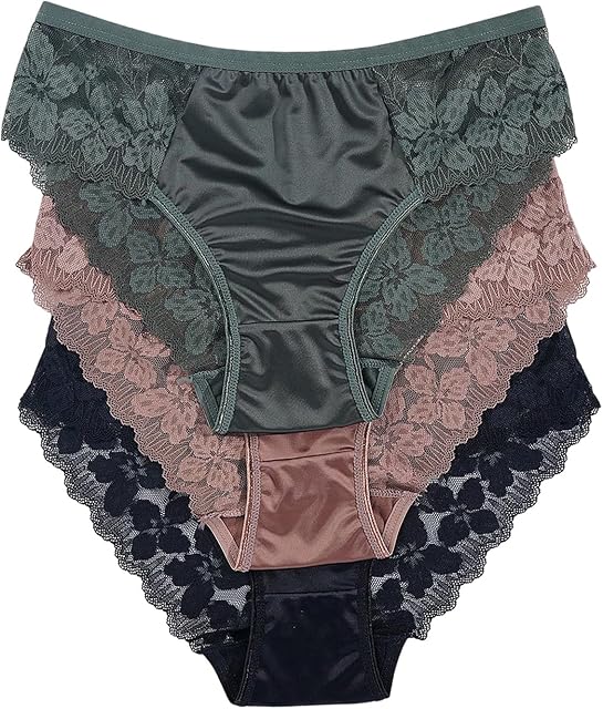 Women's 3 Piece Satin Panties Floral Lace Mid Rise Sheer Breathable Briefs Underwear