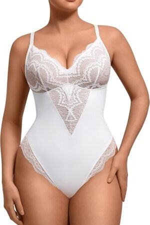 Lace Shapewear Bodysuit for Women Tummy Control Body Suits V Neck Corset Shapewear Thong Slimming Body Shaper
