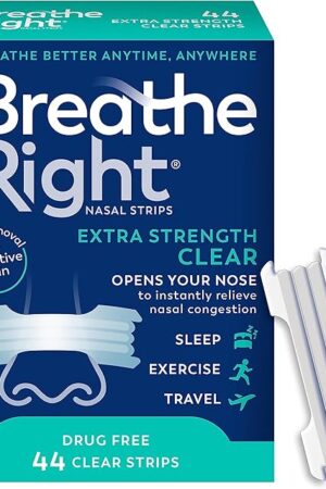 Breathe Right Nasal Strips | Extra Strength | Clear | For Sensitive Skin I Drug-Free Snoring Solution & Nasal Congestion Relief Caused by Colds & Allergies | 44 Count (Packaging May Vary)