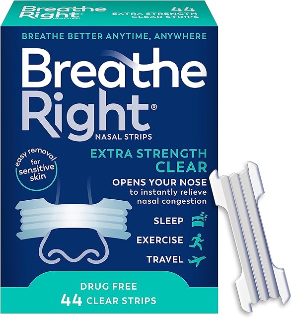 Breathe Right Nasal Strips | Extra Strength | Clear | For Sensitive Skin I Drug-Free Snoring Solution & Nasal Congestion Relief Caused by Colds & Allergies | 44 Count (Packaging May Vary)
