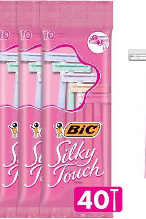 BIC Silky Touch Women's Disposable 2 Blade Razors, Pretty Pastel Colors with Slim Heads, 40-Pack