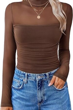 Women Long Sleeve Bodysuit Turtle Neck Shapewear Body Suits Mesh One Piece Leotard Shirt Going Out Tops Fall Outfits