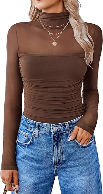Women Long Sleeve Bodysuit Turtle Neck Shapewear Body Suits Mesh One Piece Leotard Shirt Going Out Tops Fall Outfits