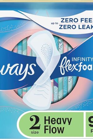 Always Infinity Feminine Pads for Women, Flexfoam Pads with Wings, Size 2, Heavy Absorbency, Unscented, 96 Count (Packaging May Vary)