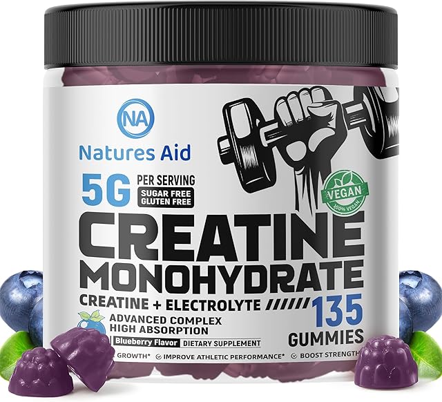 Creatine Monohydrate Gummies (5g) ? Pre-Workout Energy & Muscle Growth Support for Men & Women | Blueberry Electrolyte Gummies (135 Count)