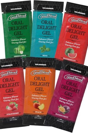 Doc Johnson GoodHead - Oral Delight Gel - 6 X 024 oz Packets - Green Apple, Mint, Peach, Strawberry, Watermelon, Passion Fruit