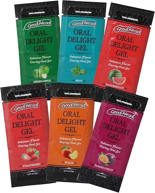 Doc Johnson GoodHead - Oral Delight Gel - 6 X 024 oz Packets - Green Apple, Mint, Peach, Strawberry, Watermelon, Passion Fruit