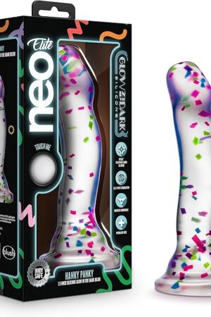 Blush Novelties Neo Elite Purio Silicone Glow in The Dark Dildo - 7.5 Inch Clear Dildo with Fun Confetti - Thoughtful Curves for G Spot & P Spot Pleasure - Silky Smooth Non Pourous - Sex Toy