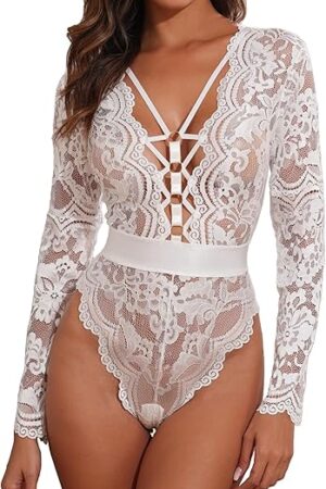Women Sexy Floral Lace Long Sleeves Bodysuit Backless Teddy Lingerie