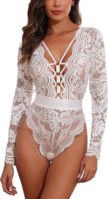 Women Sexy Floral Lace Long Sleeves Bodysuit Backless Teddy Lingerie