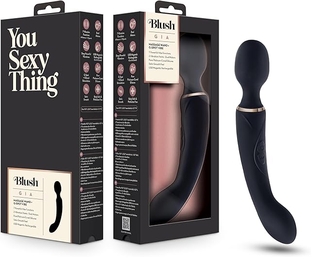 Blush Novelties Gia - Double Ended Vibrating Wand Massager G Spot Vibrator - Powerful Dual Motors - 7 Unique Vibrating Functions - Silicone with A Smooth Satiny Feel - USB Rechargeable - Black